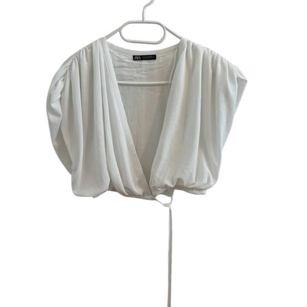 Zara Medium Crop Top, Ruffle Shortless Sleeve Tie Front - Picture 2 of 7